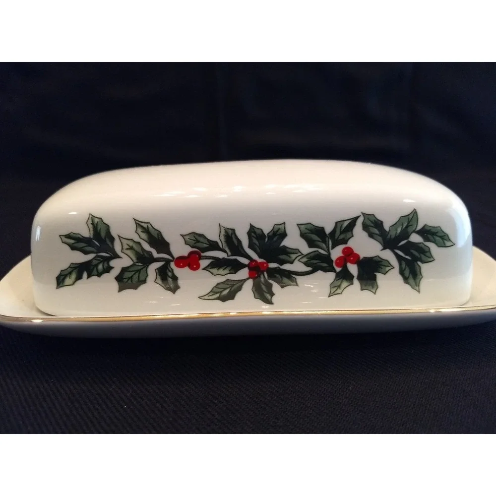 Formalities Covered Butter Dish Holly Collection Baum Bros Porcelain Holiday NEW